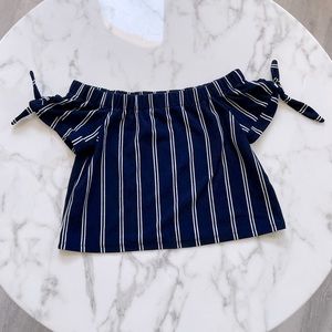 Ivoire off the shoulder navy and white striped top